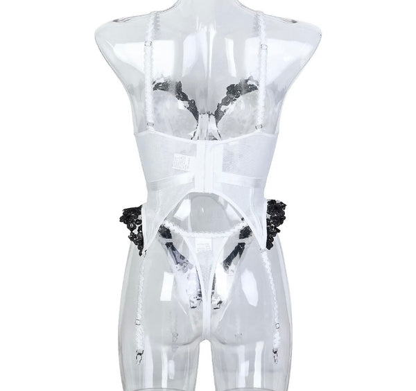 Women Sexy White/Black Floral Mesh Lingerie Set