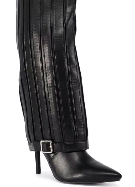 Women Pointed Toe Buckled Black Fashion Knee High Boots