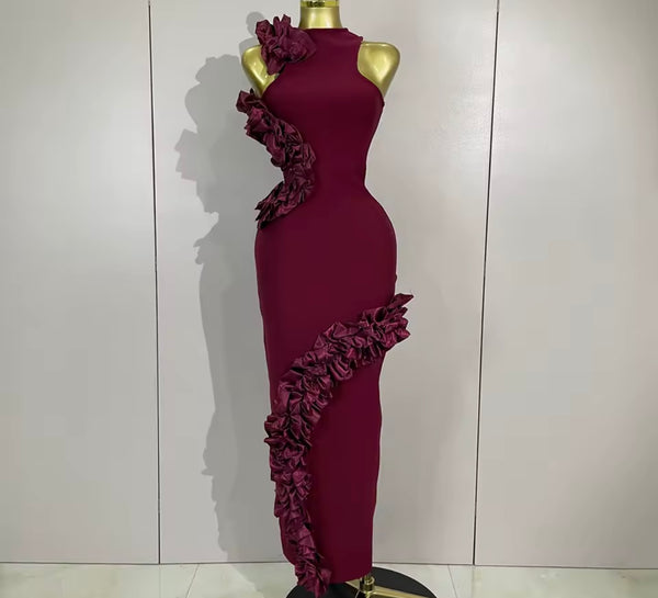 Women Sexy Sleeveless Burgundy Ruffled Maxi Dress