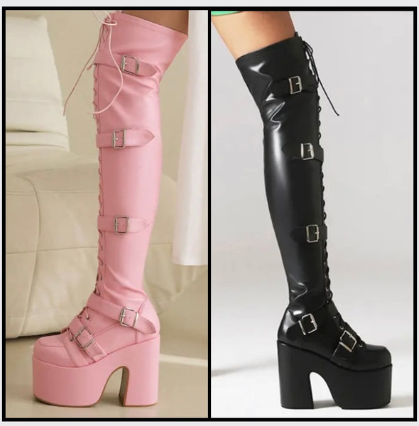 Women Fashion Over The Knee Lace Up Buckled Platform Boots