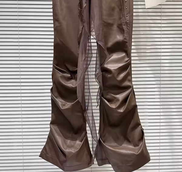 Women Fashion Rivet Faux Leather Ruched Pants