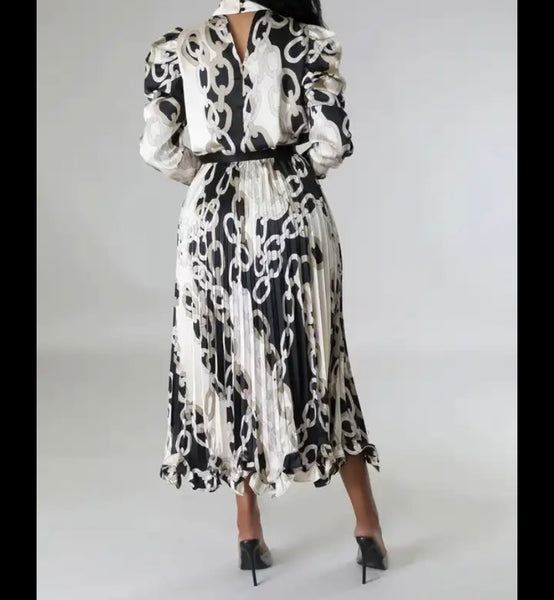 Women Sexy Printed Full Sleeve Maxi Pleated Dress