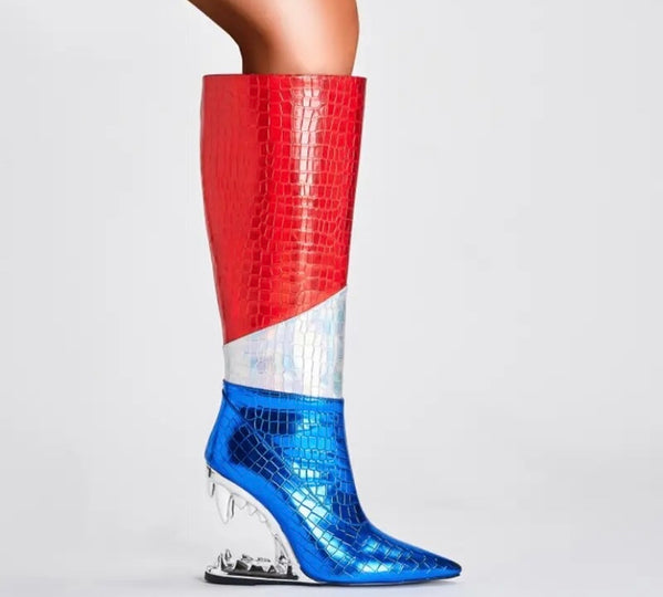 Women Fashion PU Multicolored Platform Wedge Knee High Boots