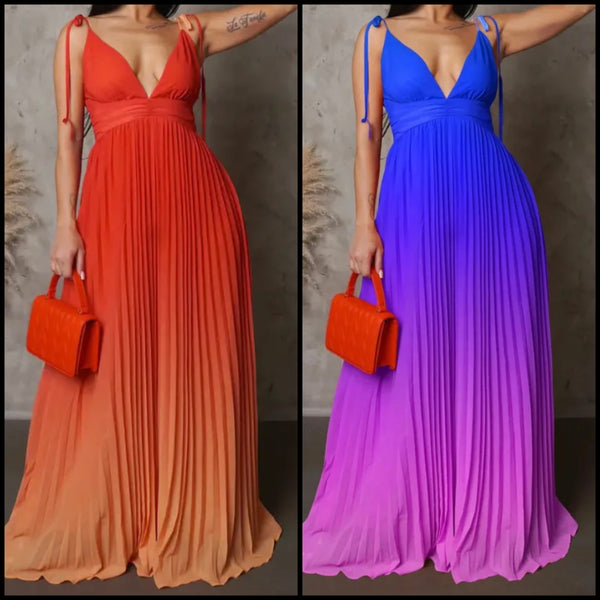 Women Sexy Sleeveless Gradient Pleated Maxi Dress