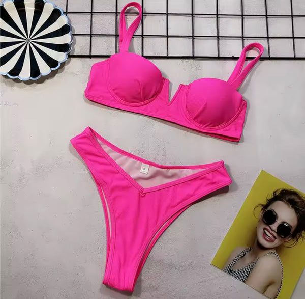 Women Color Ribbed Sexy Bikini Swimsuit