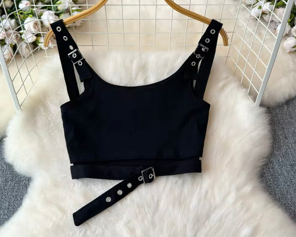 Women Sexy Sleeveless Buckled Crop Two Piece Plaid Skirt Set