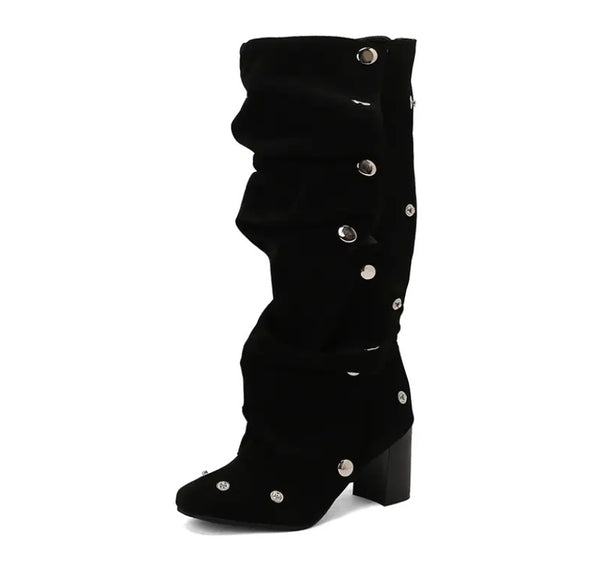 Women Fashion Suede/Denim Button Knee High Boots