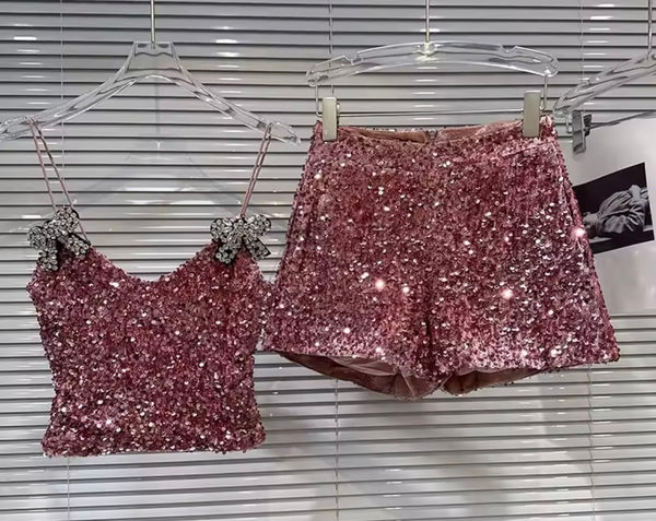 Women Pink Sequins Rhinestone Bow Sleeveless Two Piece Short Set