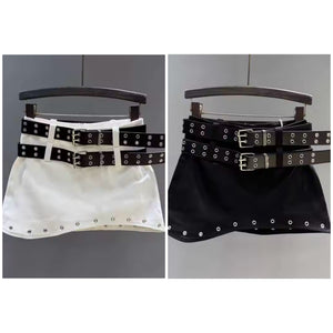 Women Fashion Double Belt Rivet Denim Skirt