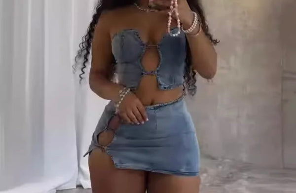 Women Sexy Strapless Crop Two Piece Cut Out Denim Skirt Set