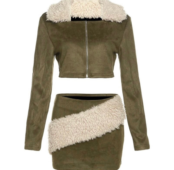 Women Velour Faux Fur Patchwork Zip Up Two Piece Skirt Set