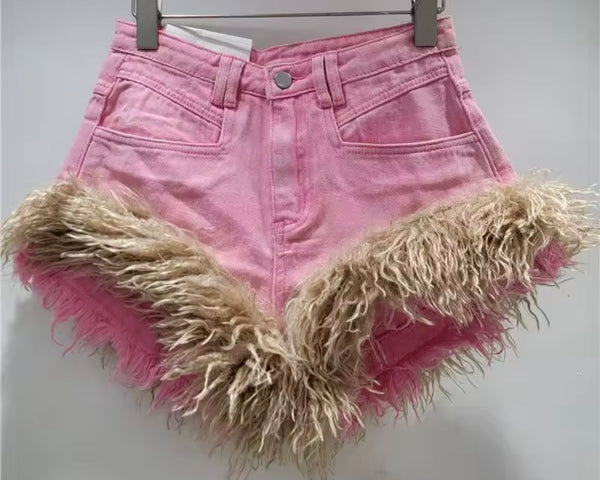 Women Fashion Fur Patchwork Denim Shorts