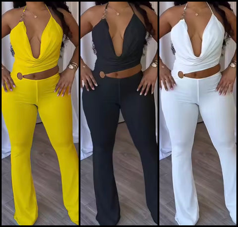 Women Sexy Sleeveless Metal Cut Out Color Jumpsuit