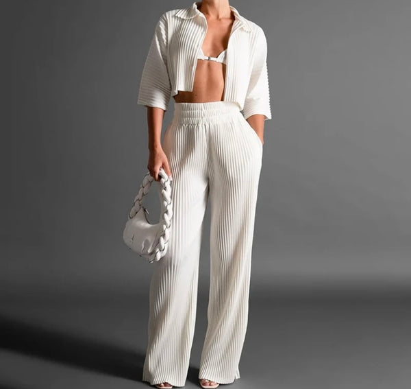 Women Sexy Solid Color Button Up Short Sleeve Crop Two Piece Pant Set