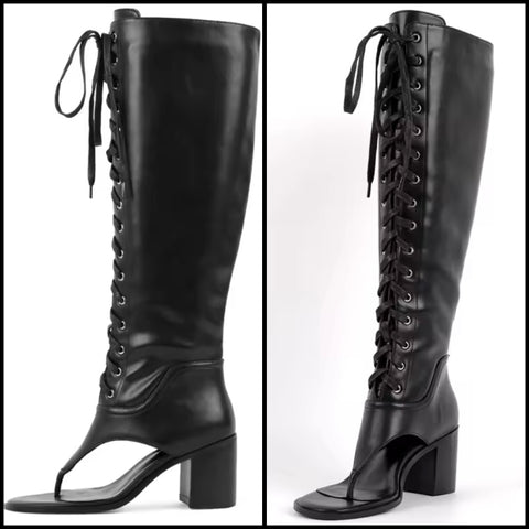 Women Black Open Toe Lace Up Square Heel Knee High Boots
