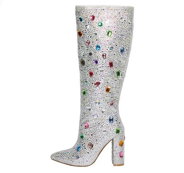 Women Fashion Silver Colorful Gem Ankle/Knee High Boots