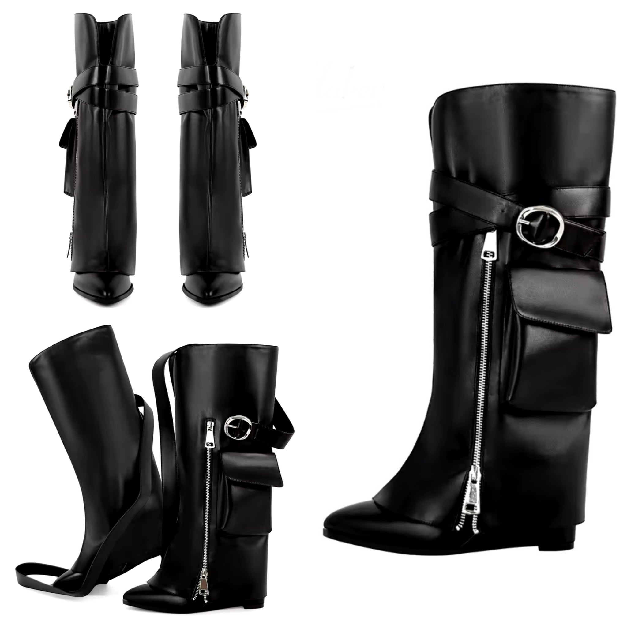 Women Black Zipper Detachable Buckled Pocket Knee High Boots