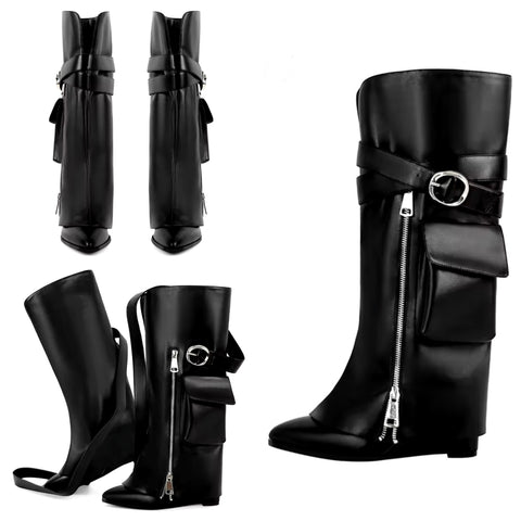 Women Black Zipper Detachable Buckled Pocket Knee High Boots