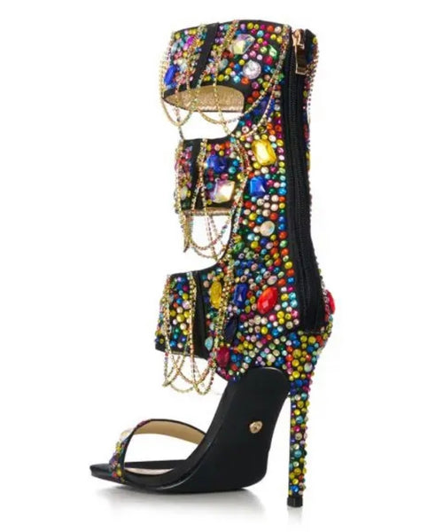 Women Fashion Chain Crystal High Heel Mid-Calf Sandals