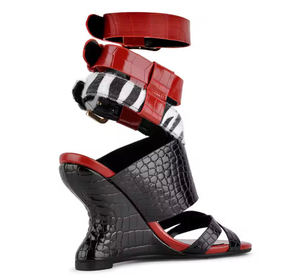 Women Fashion Color Patchwork Wedge Ankle Strap Sandals
