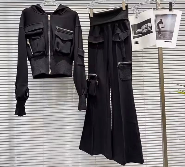 Women Fashion Zip Up Hooded Cargo Two Piece Pant Set