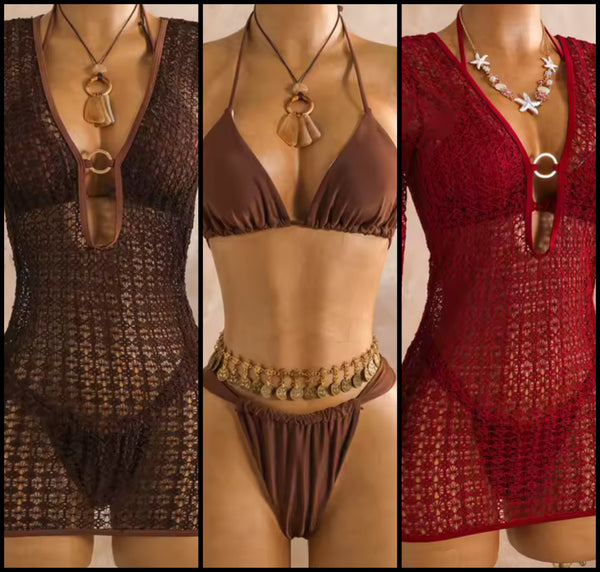 Women Sexy Halter Bikini Mesh Dress Cover Up Set