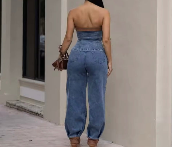 Women Button Up Strapless Brown PU Patchwork Denim Two Piece Pant Set