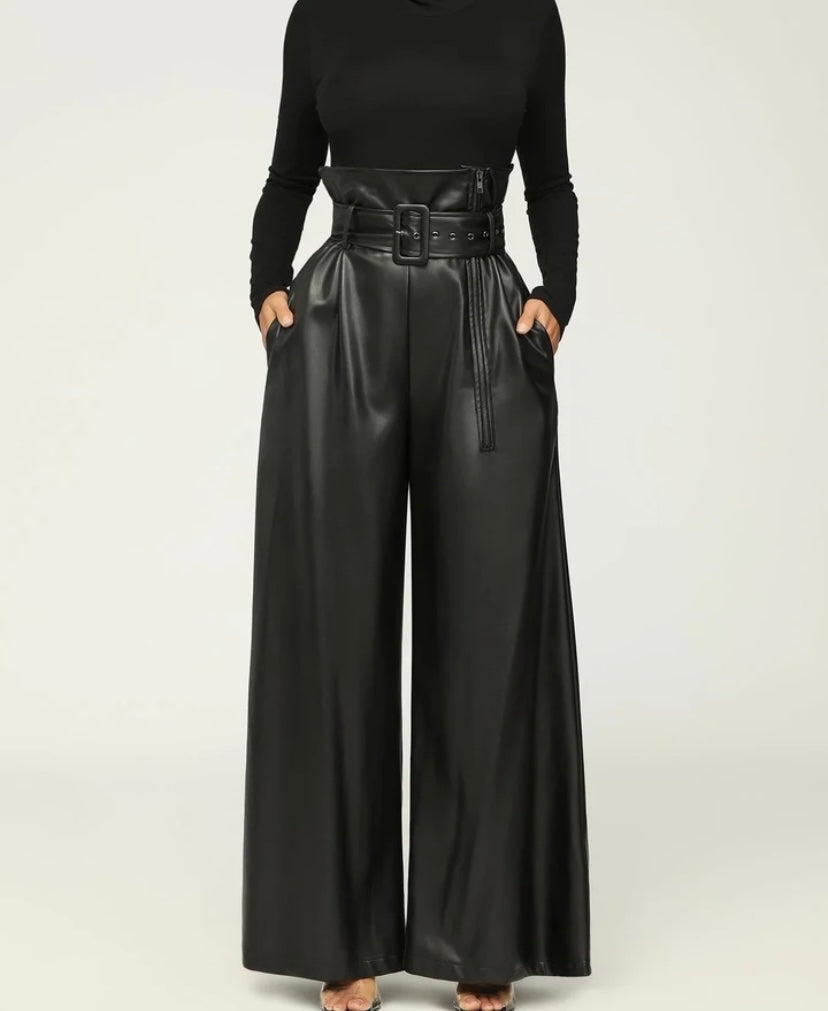 Women Side Zipper Fashion Faux Leather Wide Leg Pants