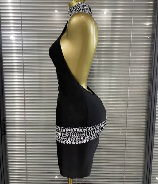 Women Sexy Halter Sleeveless Open Back Rhinestone Dress