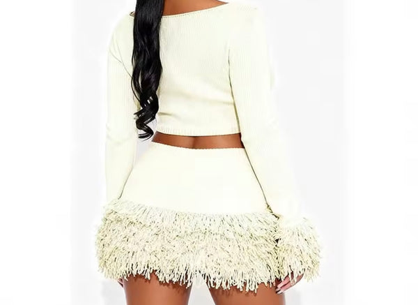 Women Color Fashion Full Sleeve Fringe Two Piece Skirt Set