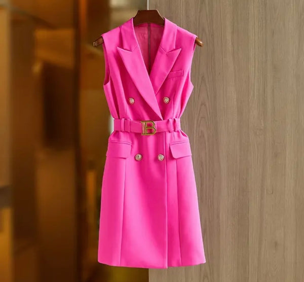 Women Fashion Sleeveless Gold Button Letter Belt Dress
