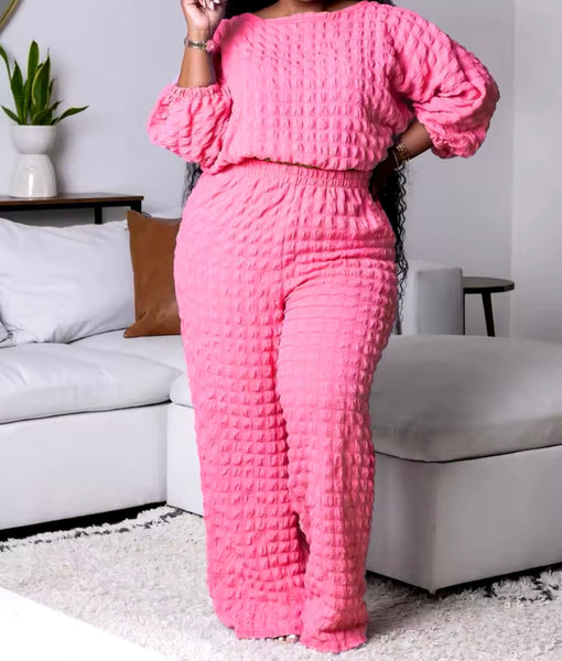 Women Fashion Solid Color Full Sleeve Plus Size Two Piece Pant Set