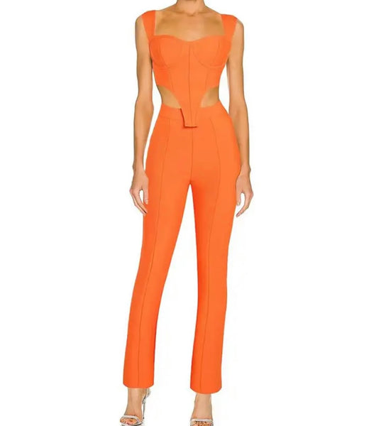 Women Orange Sleeveless Fashion Two Piece Pant Set