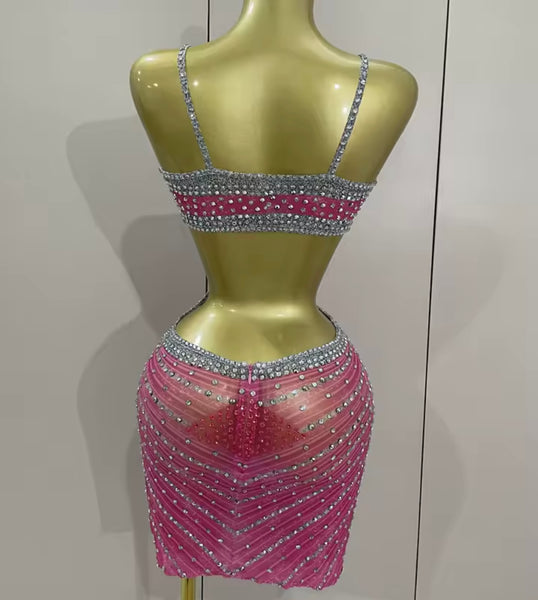 Women Sexy Sleeveless Open Back Pink Rhinestone Dress