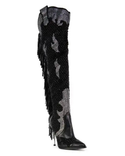 Women Fashion Bling Tassel Knee High Western High Heel Boots