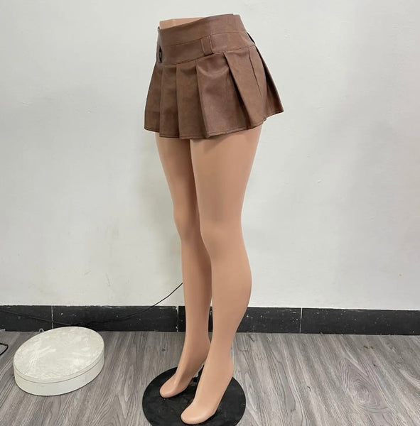 Women Sexy Short Faux Leather Pleated Skirt