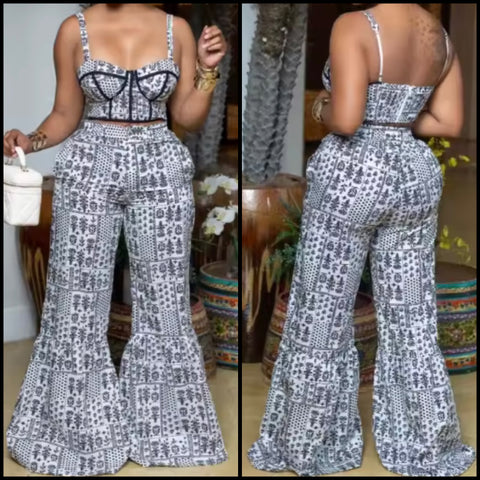 Women Sexy Sleeveless B&W Printed Two Piece Wide Leg Pant Set