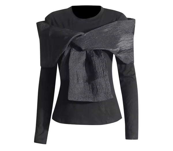 Women Fashion Black/White Bow Full Sleeve Top