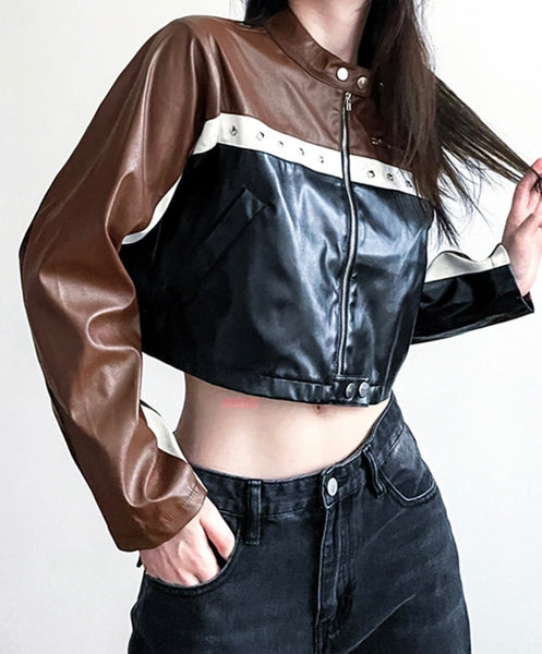 Women Fashion Color Patchwork Faux Leather Crop Jacket