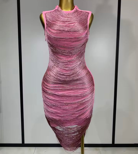 Women Pink Sleeveless Tassel Sexy Dress