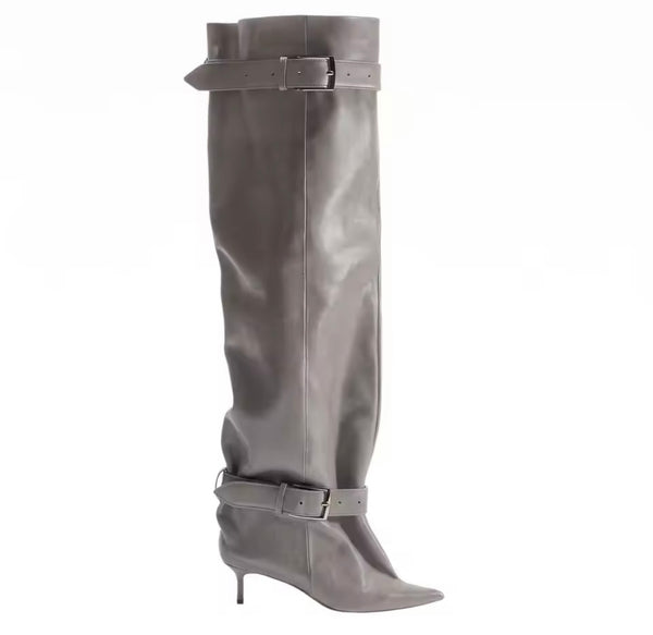 Women Pointed Toe Double Buckle Knee High Boots