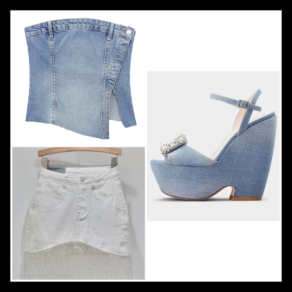 Women Fashion Strapless Denim Crop Top