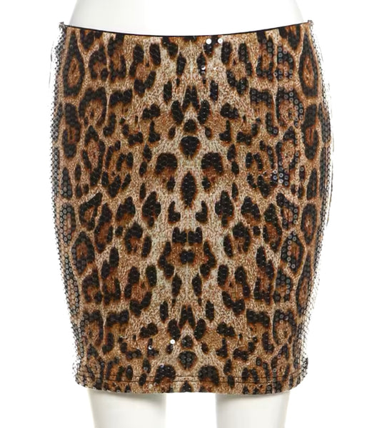 Women Sexy Sequins Leopard Knee Length Skirt