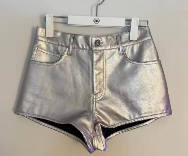 Women Silver Fashion Faux Leather Shorts