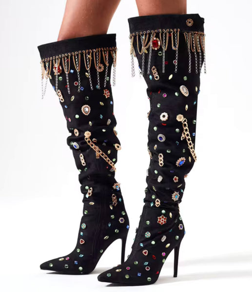 Women Black Color Crystal Tassel Fashion Knee High Boots