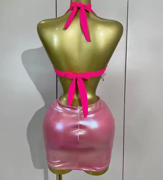 Women Rhinestone Tassel Halter Sleeveless Two Piece PU Skirt Set