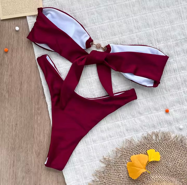 Women Burgundy Sexy Strapless Bikini Swimsuit