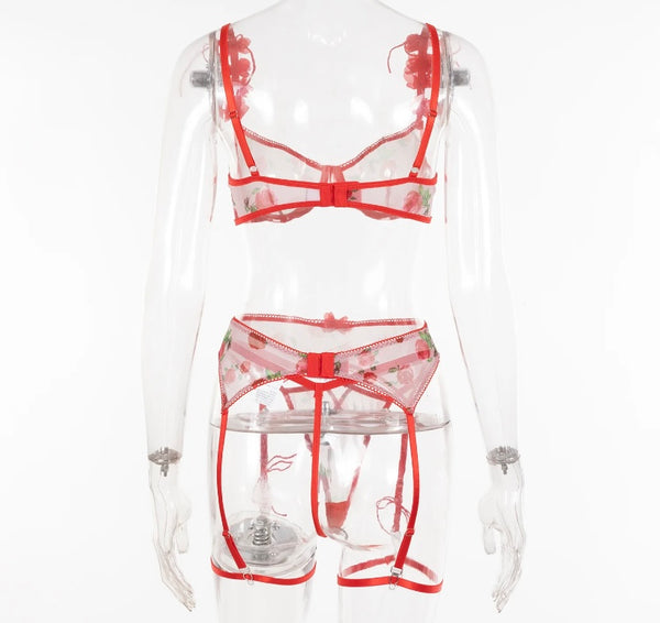 Women Sexy Red Rose Print Mesh Lingerie Set