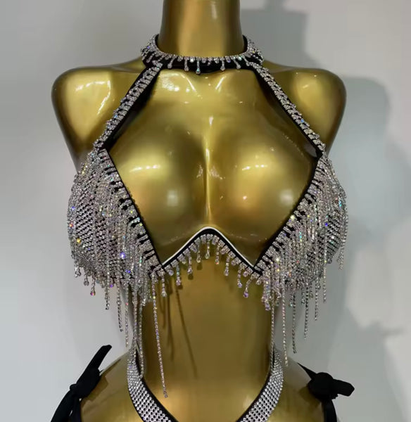 Women Sexy Rhinestone Black Halter Bikini Swimsuit