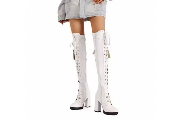 Women Fashion Buckled Pocket Platform Knee High Boots